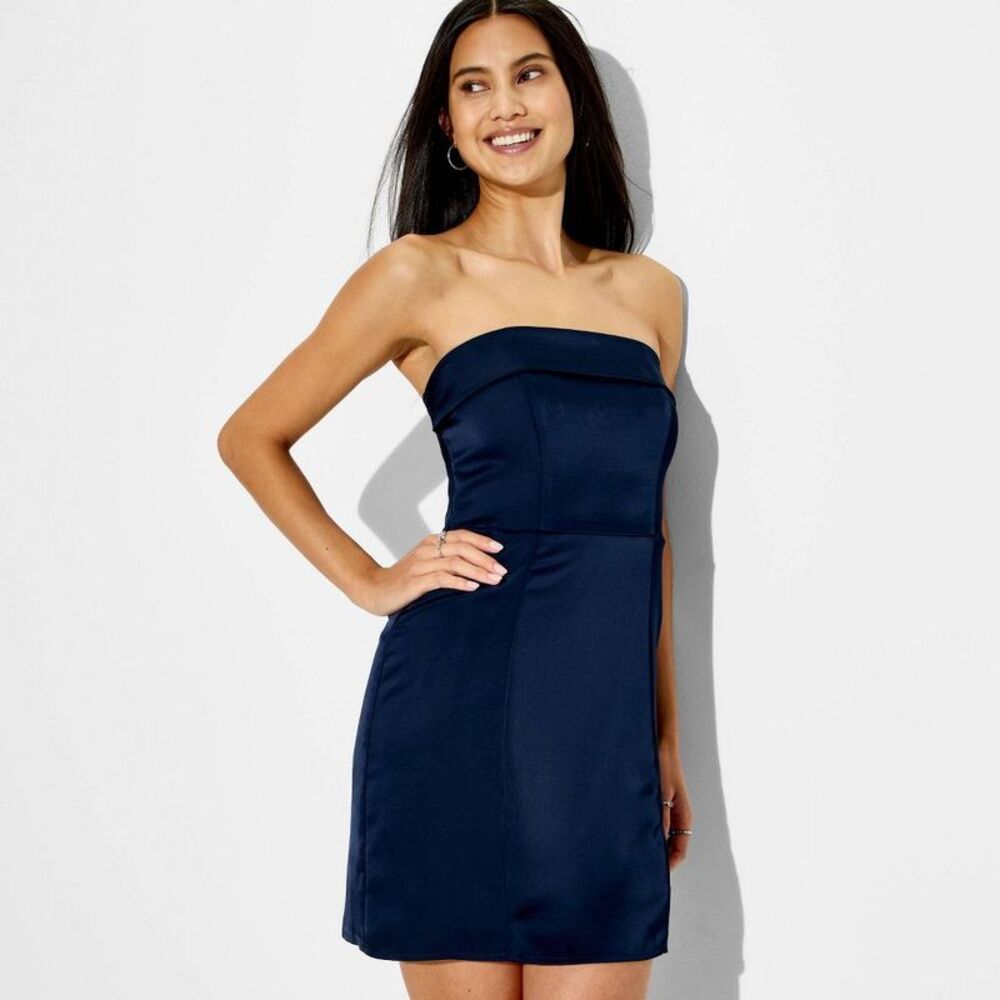 Women's Satin Foldover Tube Mini A-Line Dress - Wild Fable Navy Blue M